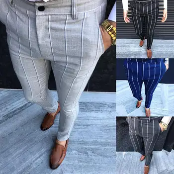 

Business Men Vertical Stripes Print Zipper Pockets Cotton Long Pencil Pants