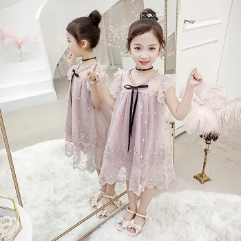 

Girls Summer Dresses 2020 New Children's Clothes Foreigner Big Girls Sleeveless Black Ribbon Lace Fairy Dresses