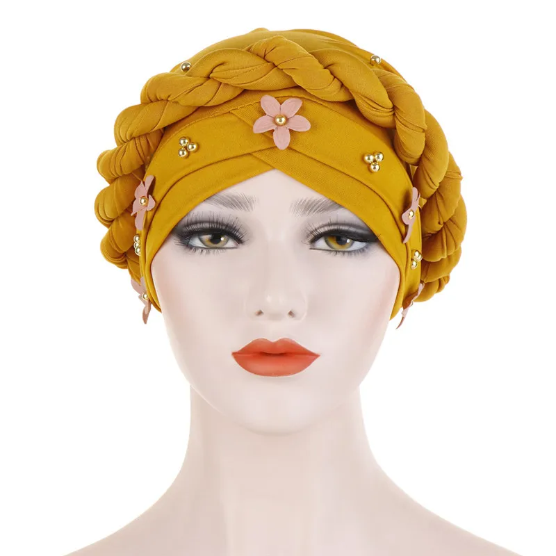 Золотые бусины женский платок на голову Твист цветы внутренние хиджабы колпачок твердый хлопок исламский женский тюрбан арабский обертывание Мусульманский Хиджаб Аксессуары