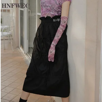 

Drawstring High Waist Skirt Women A Line Long Midi Skirt Black Casual Skirt With Belt Fashion 2020 Clothing T593