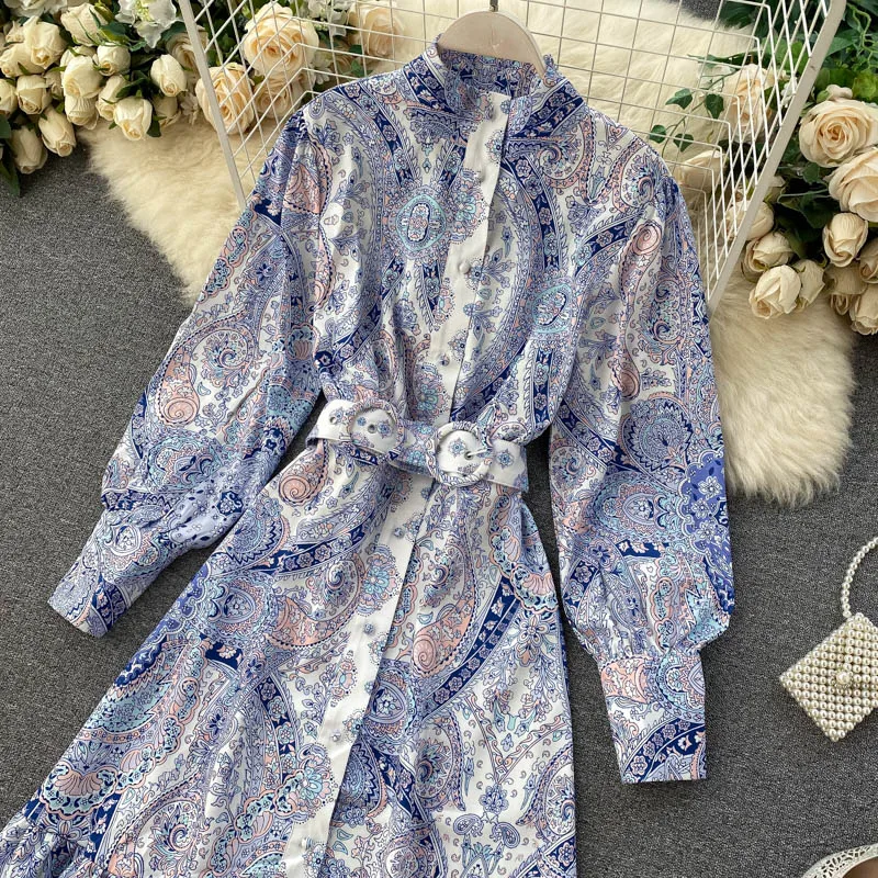 Lady Elegant Stand Collar Slim Court Vintage Printed Ruffles Dress Women Long Sleeve High Waist A-Line Beach Vestidos H887