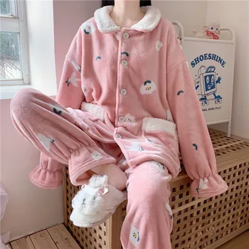 

Winter Sweet Cute Pajamas Women Plus Velvet Warm Print Loose Women's Pyjamas Set Long Sleeve Cardigan Pockets Casual Home Suit