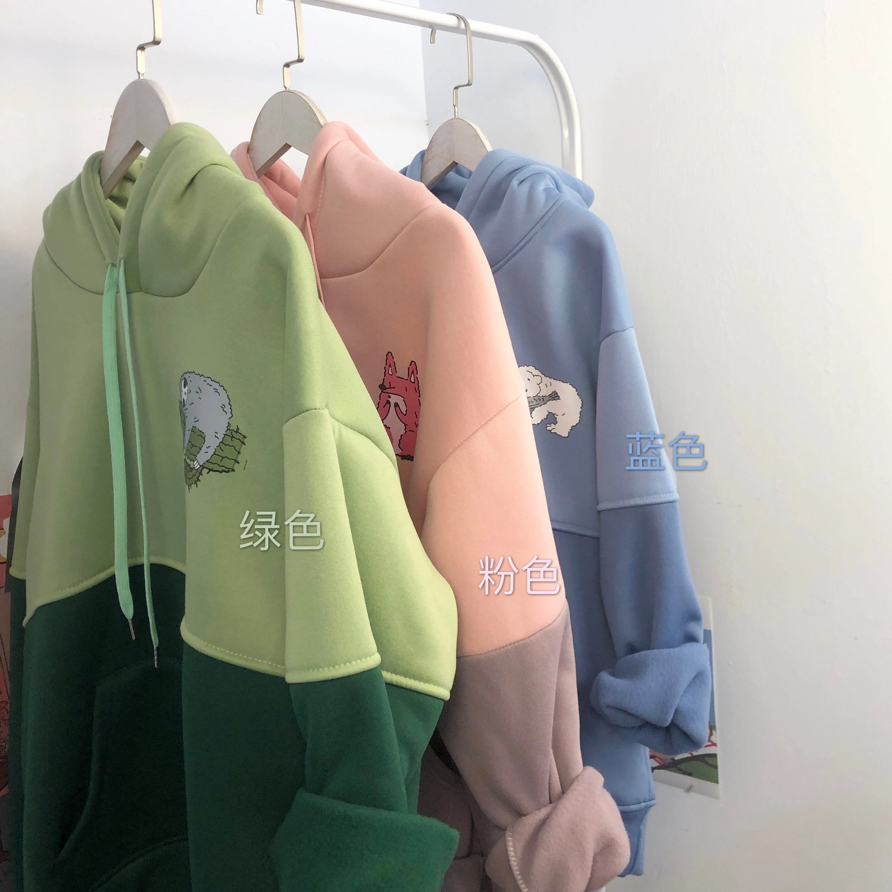 Autumn Women Sweatshirt Cartoon Print BF Style Loose Color matching Hooded Hoodie Female Students Plus velvet Wild Pullover Tops