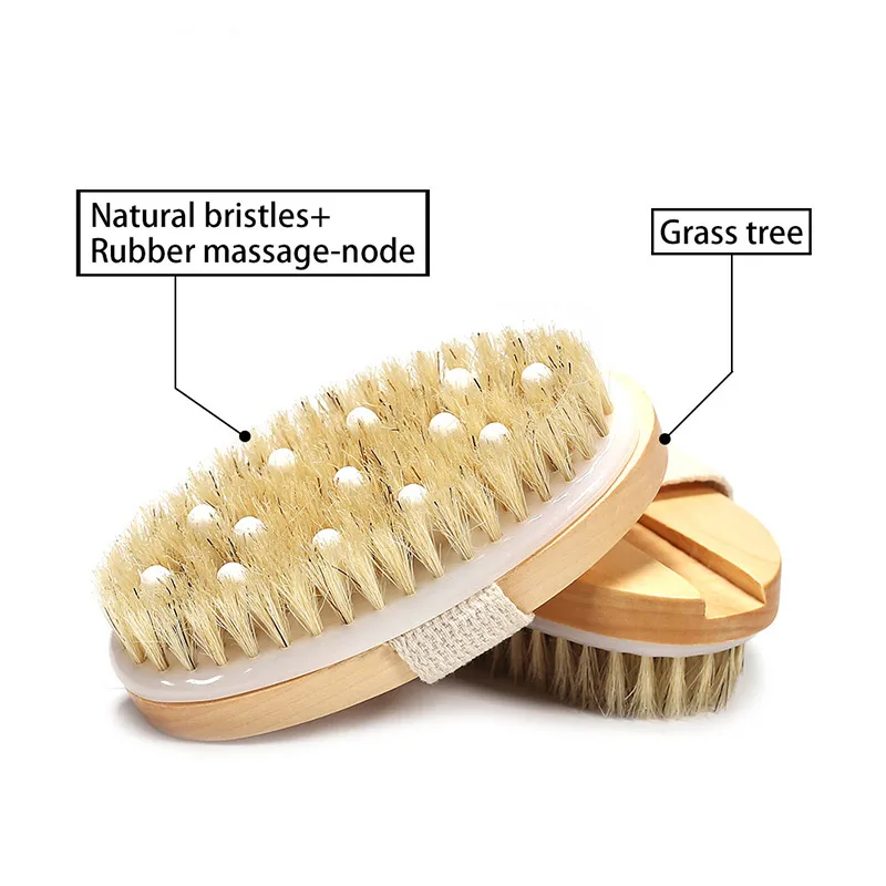 2 in 1 Body Bath Massage Brush Soft Bristle Oval Wooden Shower Brush with Grip Strap