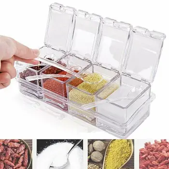 

Four Grid Kitchen Seasoning Box Set Crystal Transparent Seasoning Kitchen Gadget Jar Sugar Spoon Seasoning Creative Salt Bo M5W8