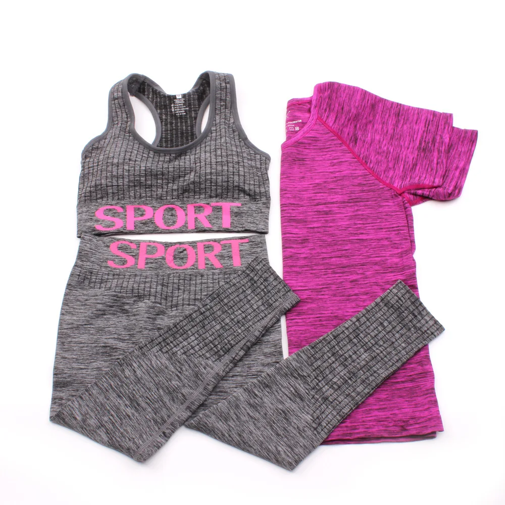 

Lettered SPORT Yoga Sports Fitness Three-piece Set Seamless Sports Bra Capri Pants Short Sleeve Three-piece Set