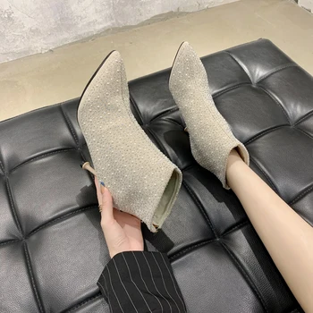 

Crystal Ankle Boots High Heels Women Shoes Sexy Stiletto Heel Short Boots Winter Pointed Toe Boots Black Beige Botas Mujer
