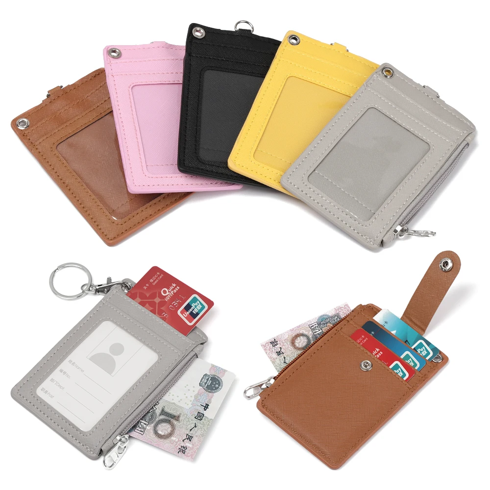 ¡Producto en oferta! Monedero de cuero PU portátil, porta tarjetas de identificación, de negocios, porta tarjetas de crédito, llavero, funda para tarjetas de autobús, novedad 1 unidad