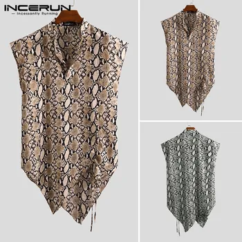 

Fashion Men Irregular Shirt 2020 Sleeveless V Neck Leopard Print Camisa Summer Drawstring Streetwear Male Casual Shirts INCERUN