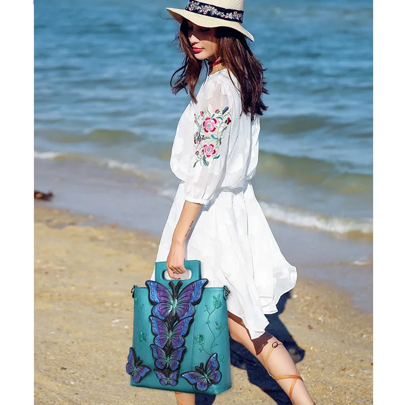 Women New Fashion Large Capacity National Style Butterfly Embroidery Painted Tote ShoulderBag Evening Bags Party Daily
