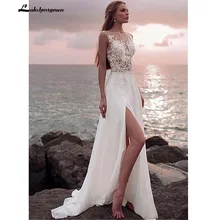 Прозрачный лиф с разрезом А-силуэта свадебное платье с бисером шифоновые кружевные аппликации пляжное свадебное платье