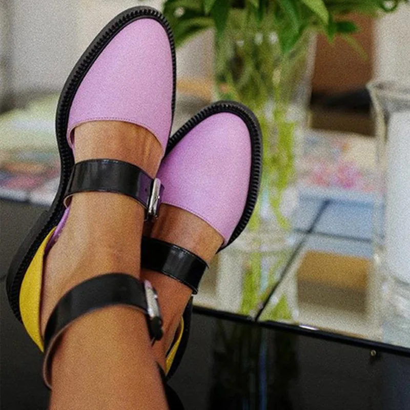 Женские кожаные туфли mary jane на плоской подошве с двойной пряжкой; женские Разноцветные Повседневные Удобные туфли с ремешком на щиколотке; модная Осенняя женская обувь - Цвет: Pink Yellow