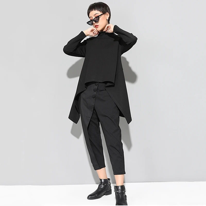 Большие размеры, черная винтажная Асимметричная женская футболка с высоким воротником и длинным рукавом, Осень-зима, свободная повседневная футболка, топы, Корейская одежда