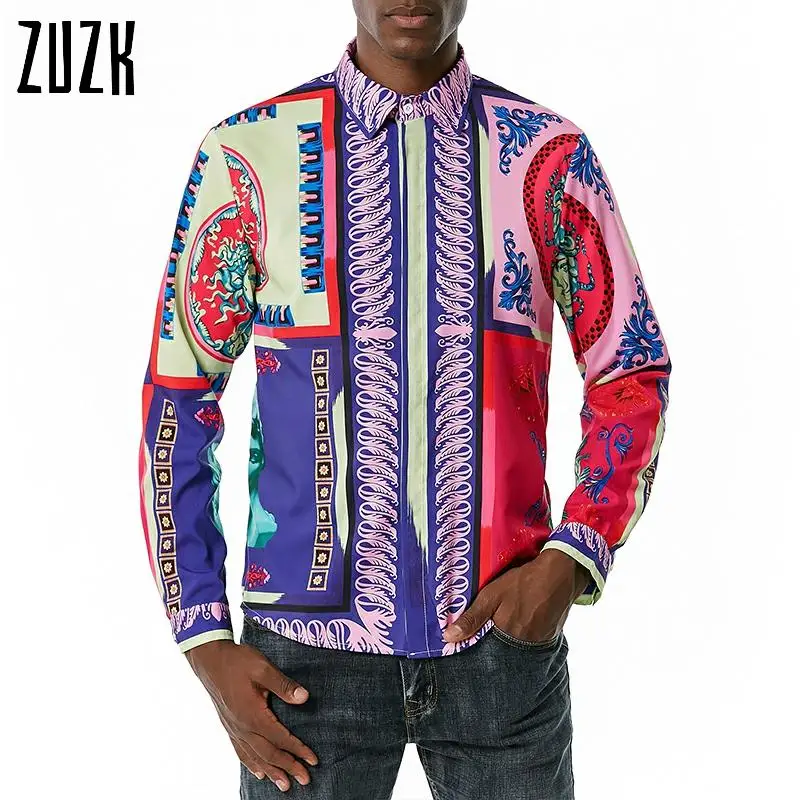

Vintage Designer Men Shirt Luxury Royal Print Mens Long Sleeved Floral Shirts Blouse Party Club Social Chemise Homme