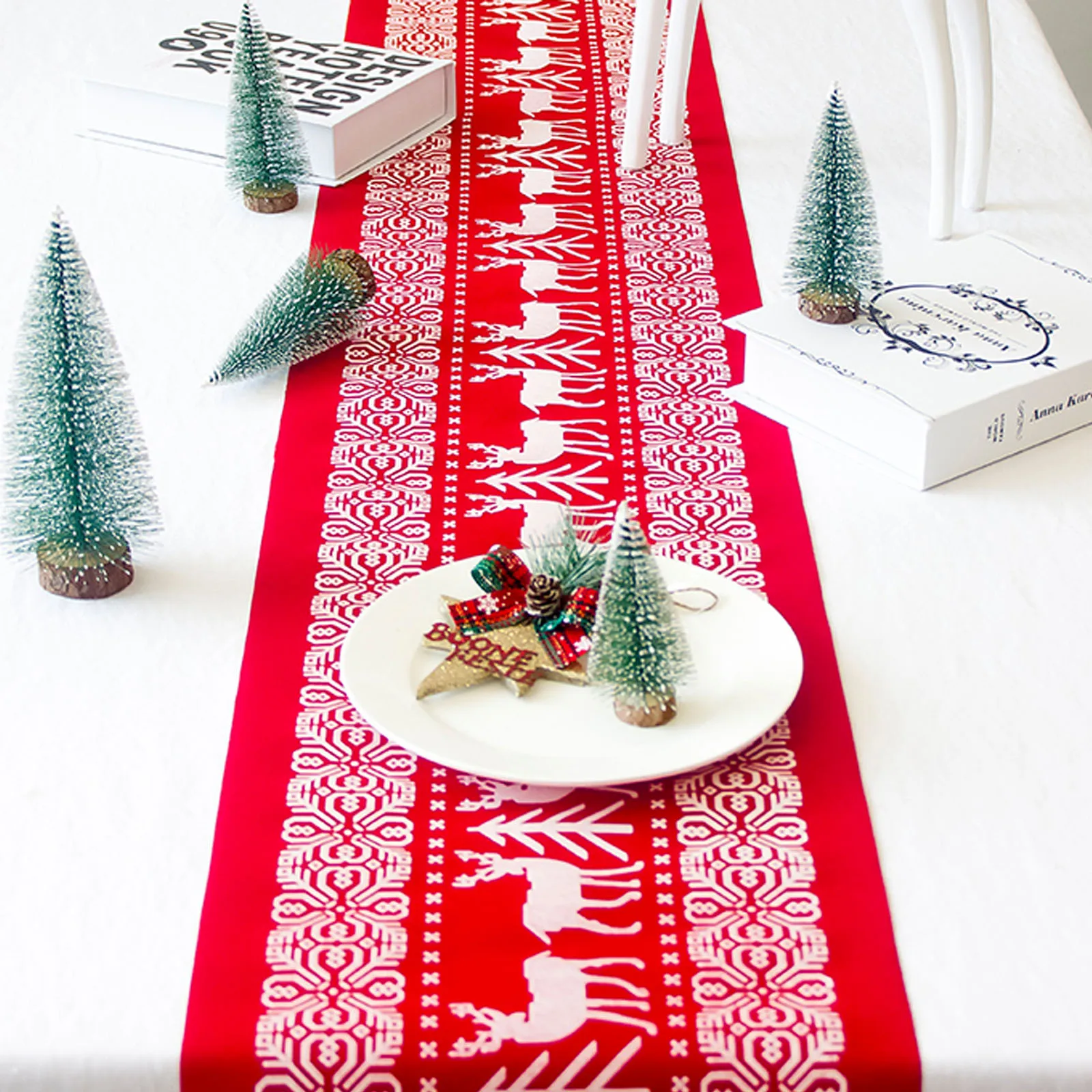  1pcs 28x270cm Christmas Wreath Elk Snowflake Tablecloth Table Runner Cover For New Year Christmas H
