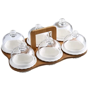 

Ceramic Fruit Plate Snack Plate Cake Dessert Display Plate Glass Cover Ceramic Bowl with Bamboo Mat