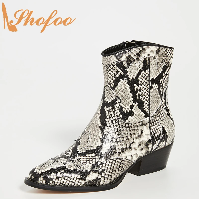 

Snake Skin Embossed Booties Med Chunky Heels Pointed Toe Woman Zipper Ladies Fashion Shoes Large Size 12 15 Ankle Boots Shofoo