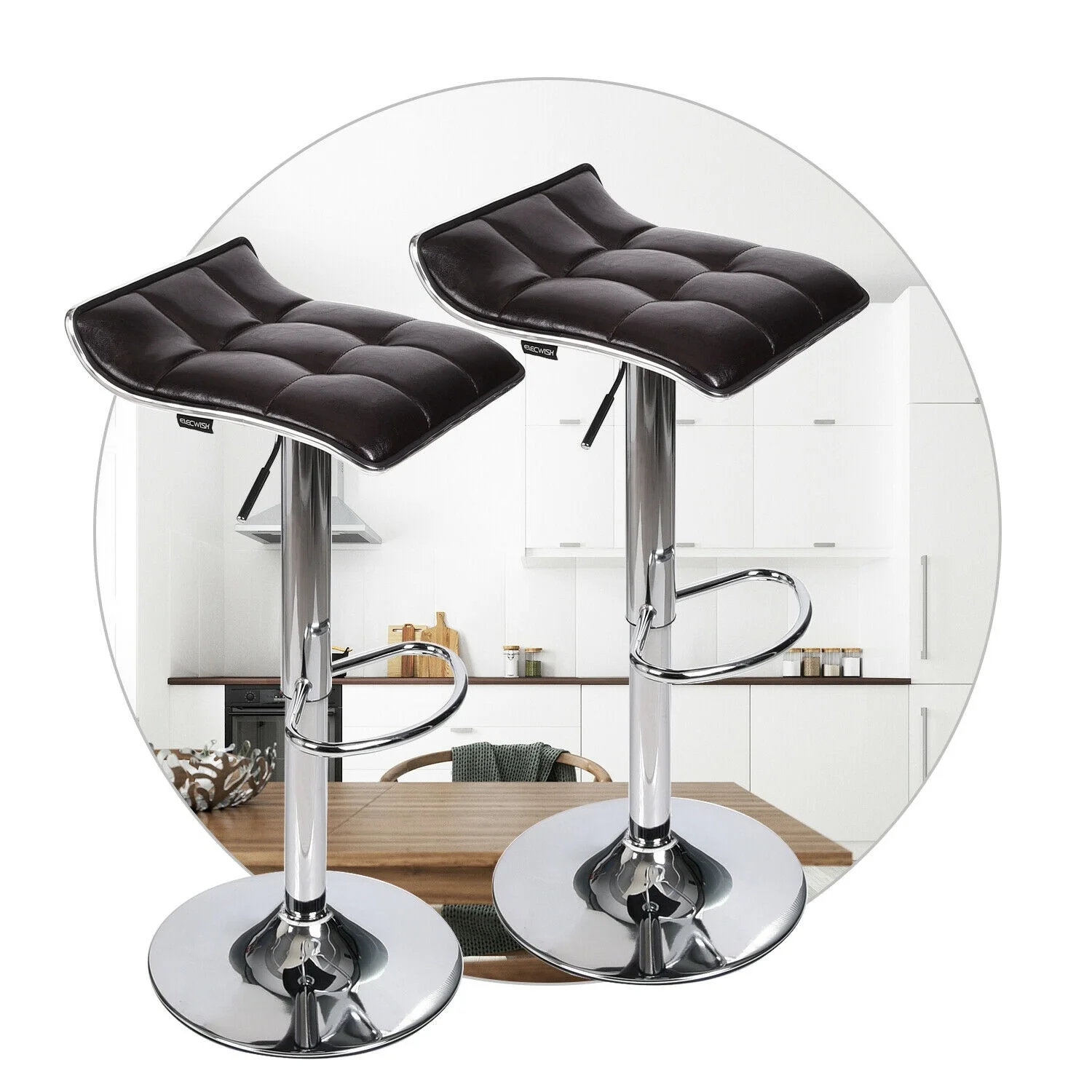 

2x Bar Stools Breakfast Pub Chairs PU Leather Swivel Gas Lift Kitchen Cushioned