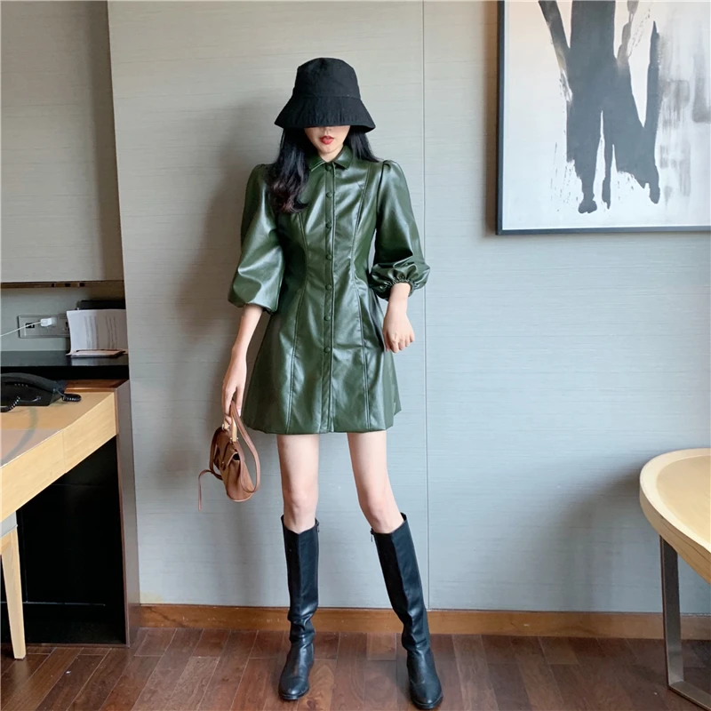 Neploe Autumn Winter Retro French Leather Dress Slim Fit Temperament High Waist Vestido Solid A Line Turn Down Collar Ropa 47018