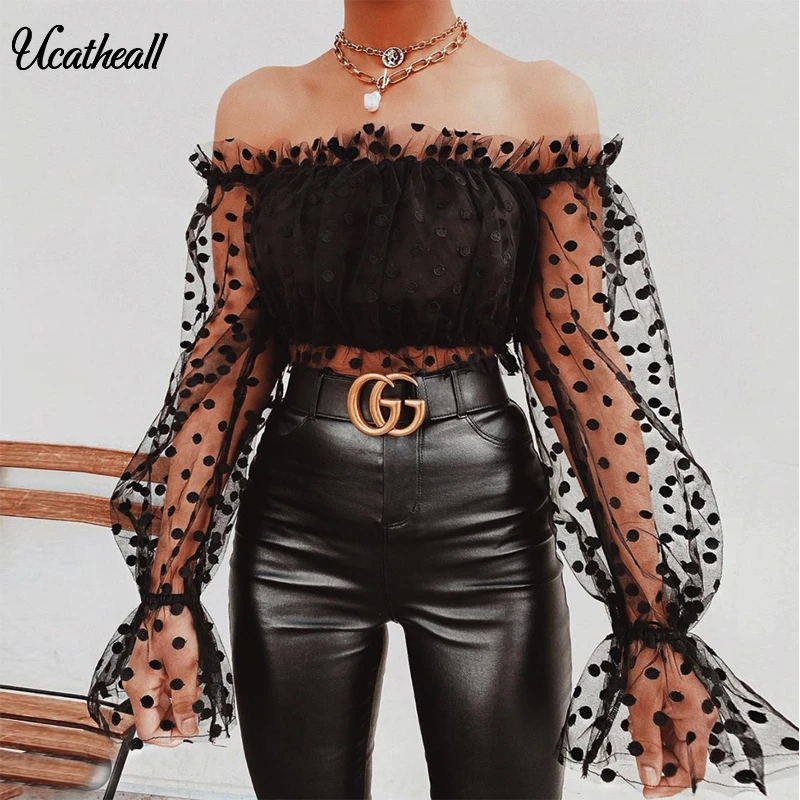 Женская прозрачная блузка с оборками рубашка длинным рукавом и открытыми