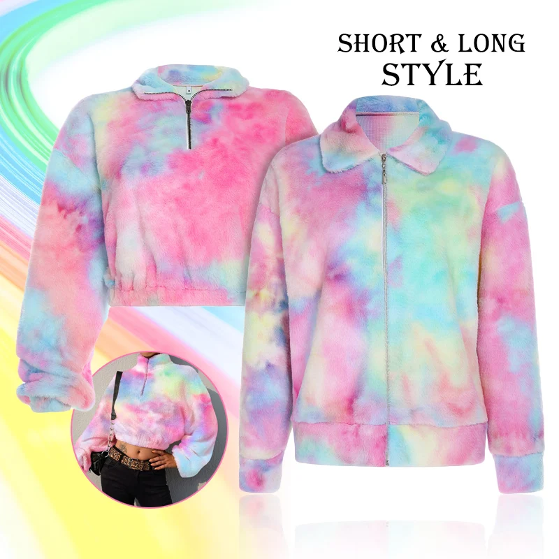 

Gradient Tie Dye Print Korean Long Faux Fur Coat Warm Winter Coat Womens Pink Fashion Rabbit Fur Fluffy Coat & Jackets Plus Size