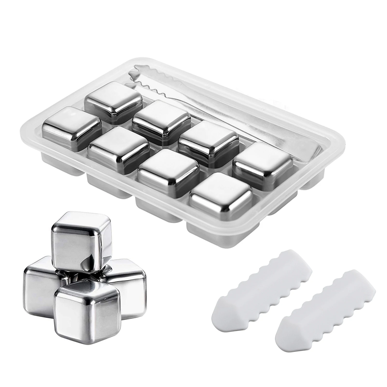 Stainless Steel Whisky Wine Ice Cube Stones Cubes Trays Metal Reusable Chilling Rocks with Tongs Keep Drink Cold and Longer