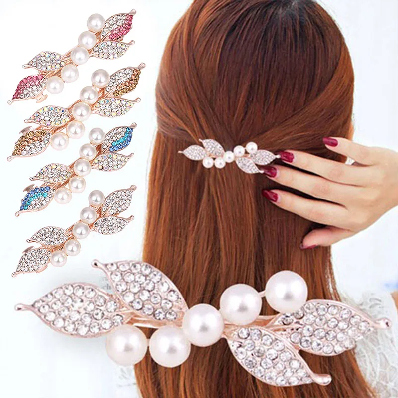 

2019 Fashion Hair-Clip Accesorios Mujer Ladies Faux Pearl Hairpin Rhinestone Inlay Electroplating Spring Hair Clips For Women