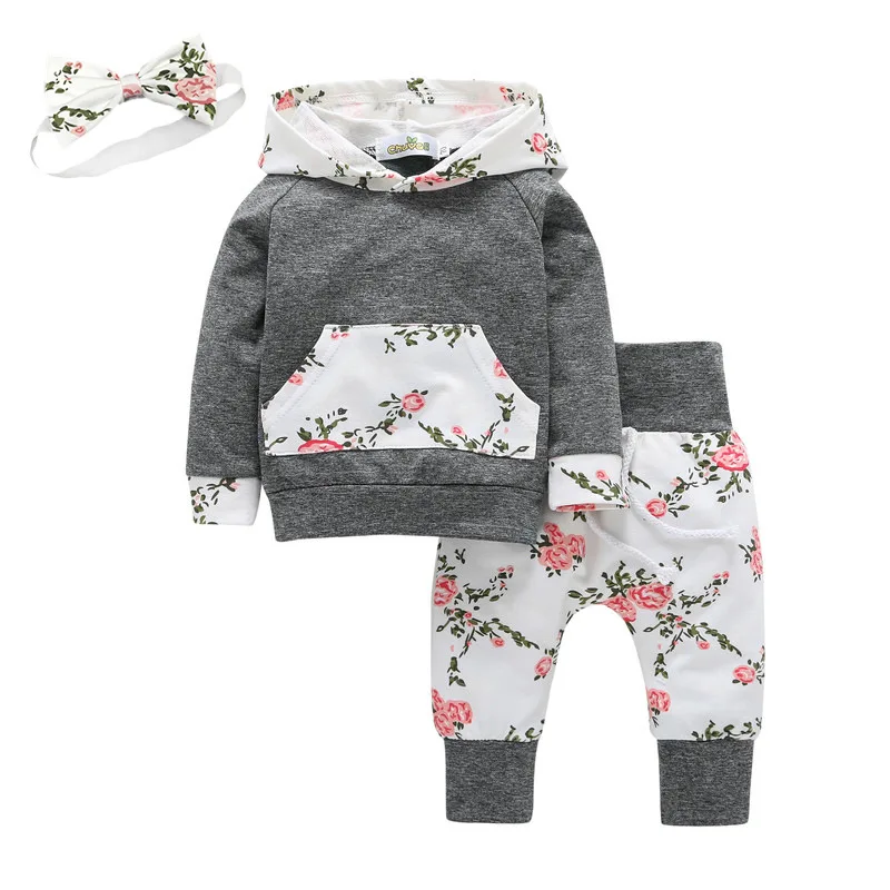 Outfit Clothing-Set Hoodie Kangaroo-Pocket Toddler Baby-Girl Pants Flowers Infant Top