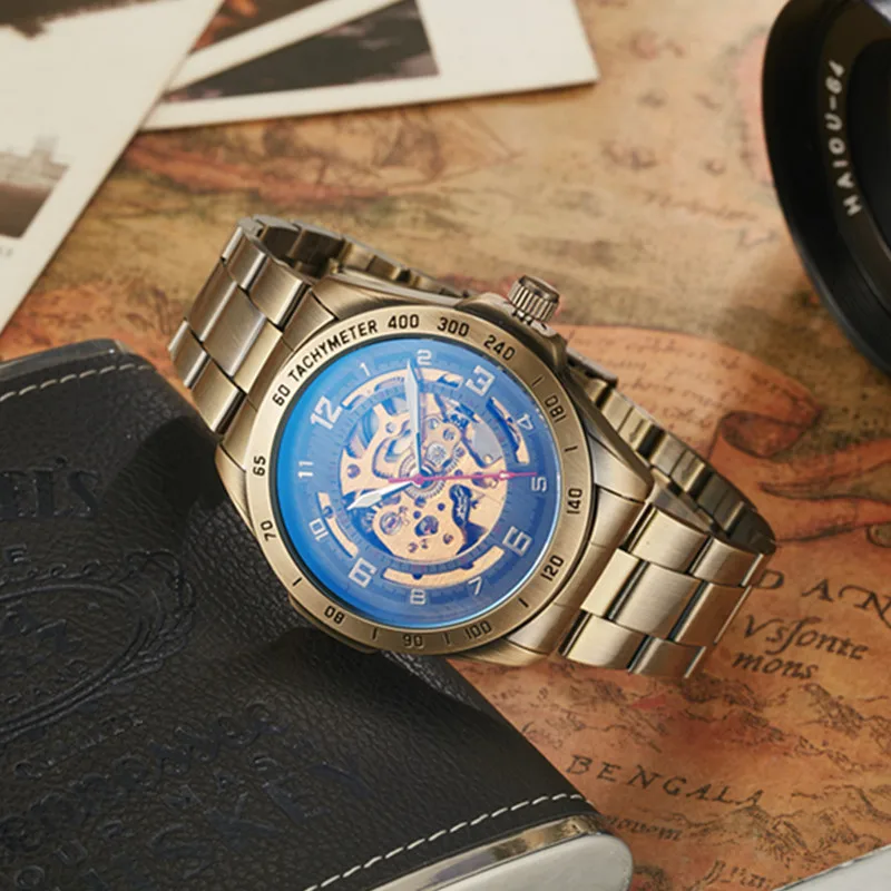 Gorben Stainless Steel Band Gold Skeleton Mechanical Watch Mens Watches Automatic Mechanical Business Clock Wrist Watch