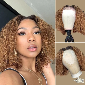 

13*6 Ombre Curly Lace Front Human Hair Wigs With Baby Hair Brazilian Remy Pre Plucked 180 Density For Black Women Bleached Knots