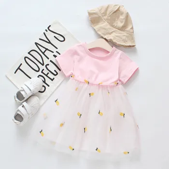 

(12M-4T) Children's short sleeve mesh pineapple dress summer stitching a word short sleeve pineapple ballet tutu princess S5