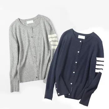 

100% Cashmere Cardigans Women Knitwear New Round Neck Single Breasted Sleeve Striped Colorblock Knit Cardigan New Fashion