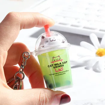 

Milk Tea Cup Liquid Crystal Quicksand Sequin Key Ring Keychain Cartoon Cat Baby Pretend Play Toy for Women Bag Pendant Key Chain