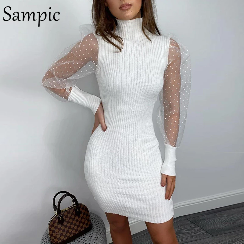 Sampic woman polka dot turtleneck casual party puff mesh long sleeve dress bodycon mini knitted sweater dress autumn winter - Цвет: White