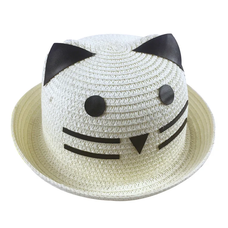 White Baby Cat Straw Summer Hat With Ears Candy Color Children Panama Hats For Kids Boys Girls Cap For 1-3 Years - Цвет: White