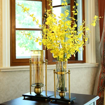 

High End Europe Glass Transparent Vase Living Room Flower Tabletop Vase Luxury Metal Decorations Ornament Alloy Gold Bronze Vase