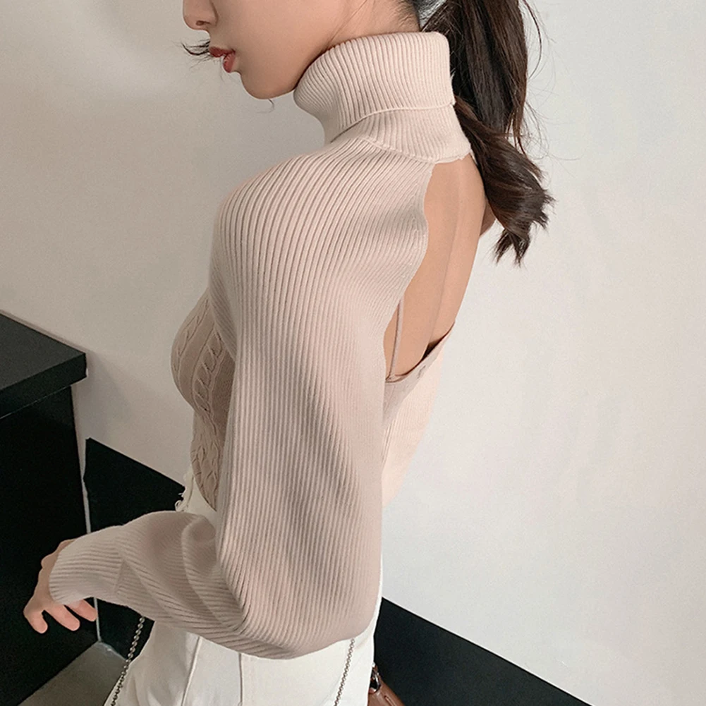 hunter-wish 2020 Fashion Basic Super Short Knitted Tops Sweater For Women Autumn Turtleneck Long Sleeve Solid Goddess Tops