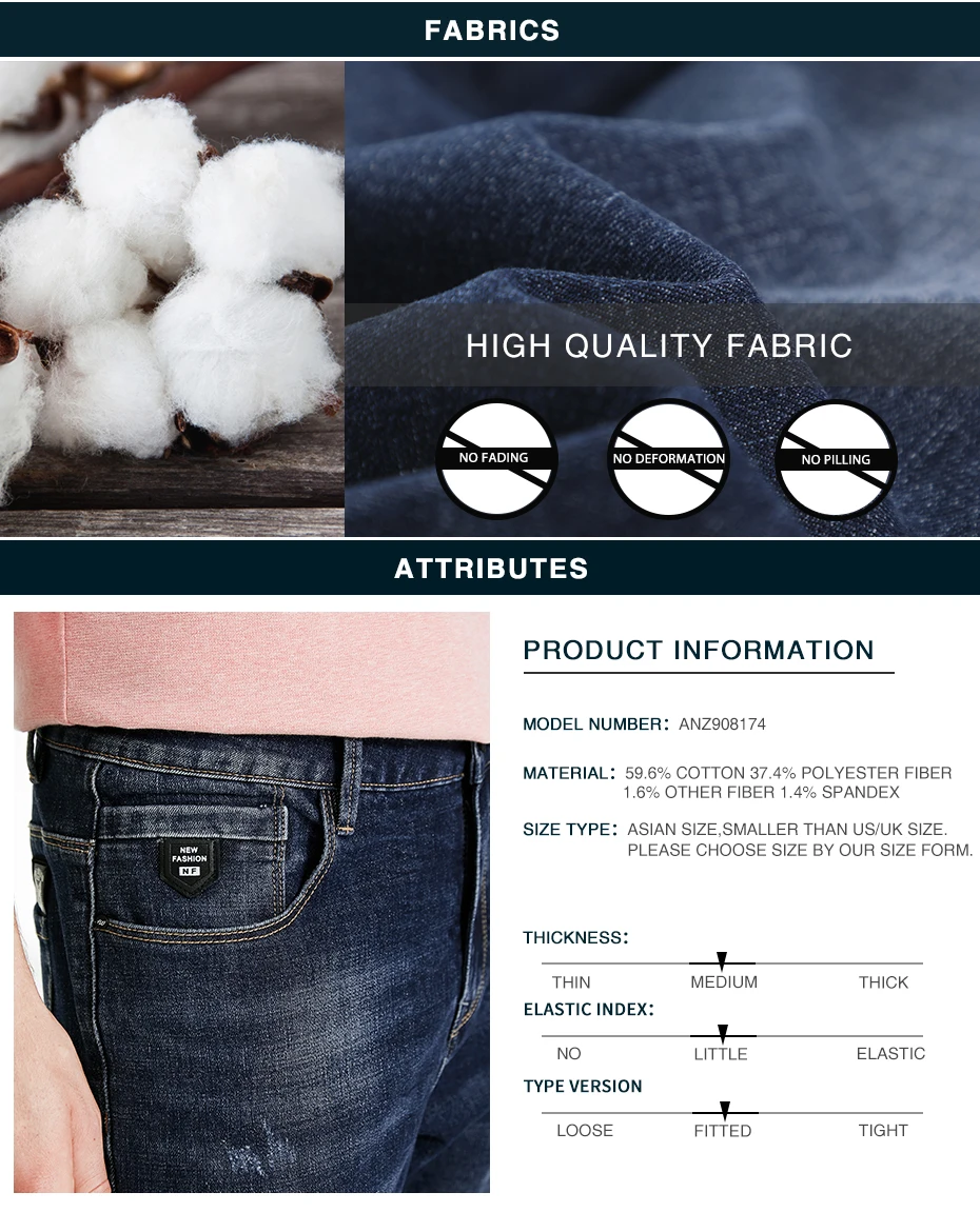 Pioneer Camp Fashion Jeans Pants Men Straight causal loose Cotton Long Dark Blue Pants Trousers for Male ANZ908174