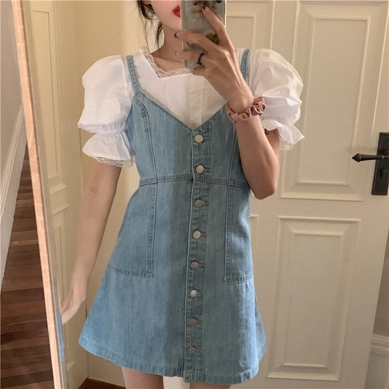 

Summer Korean Sweety Girly Fashion Two Piece Set Cute Lace Puff Sleeve White Shirt Loose Denim Suspenders Dresses Casual Suit