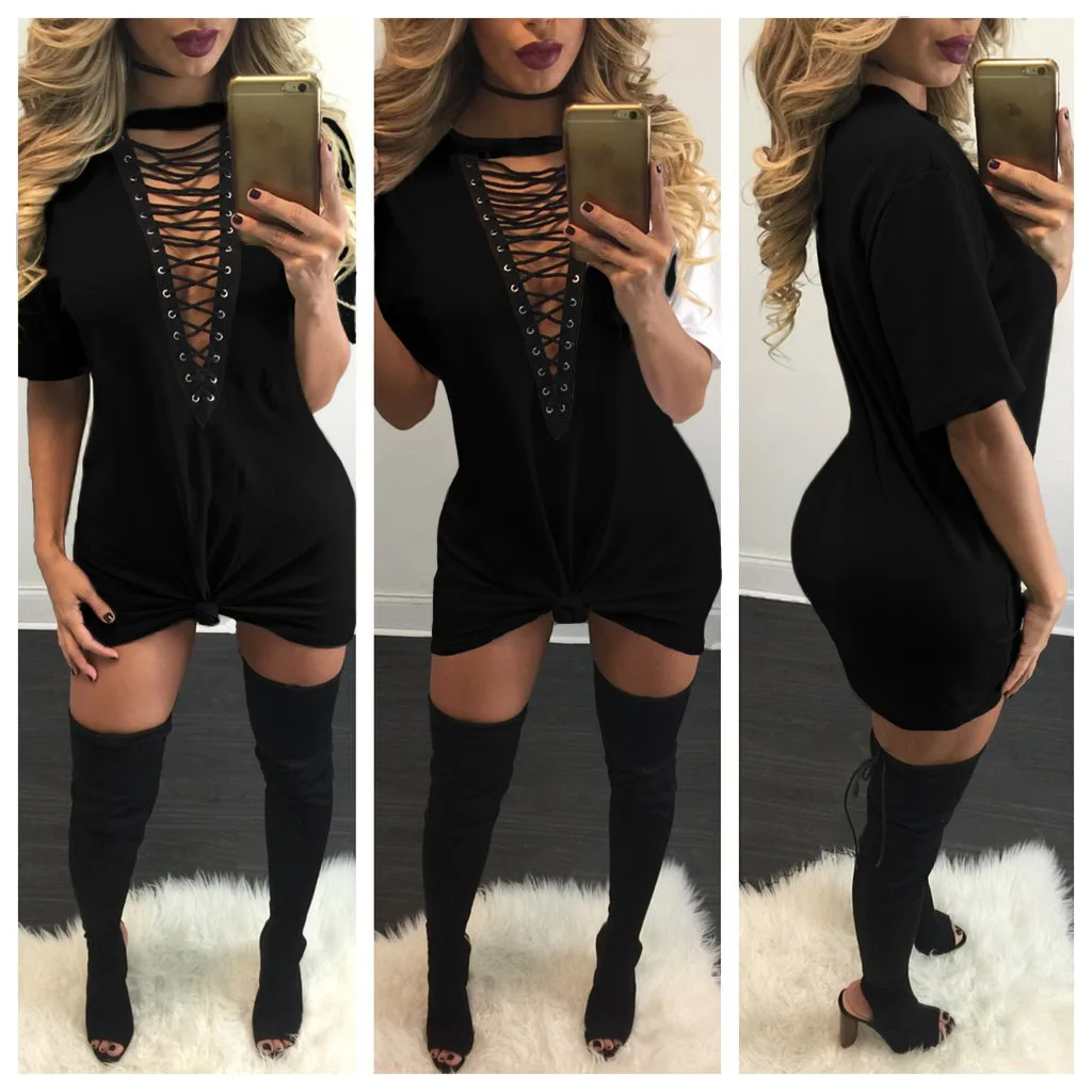New European and American Women's V-Neck Short-Sleeved Solid Color Loose Dress Nightclub Eyelet Cotton T-Shirt Dress