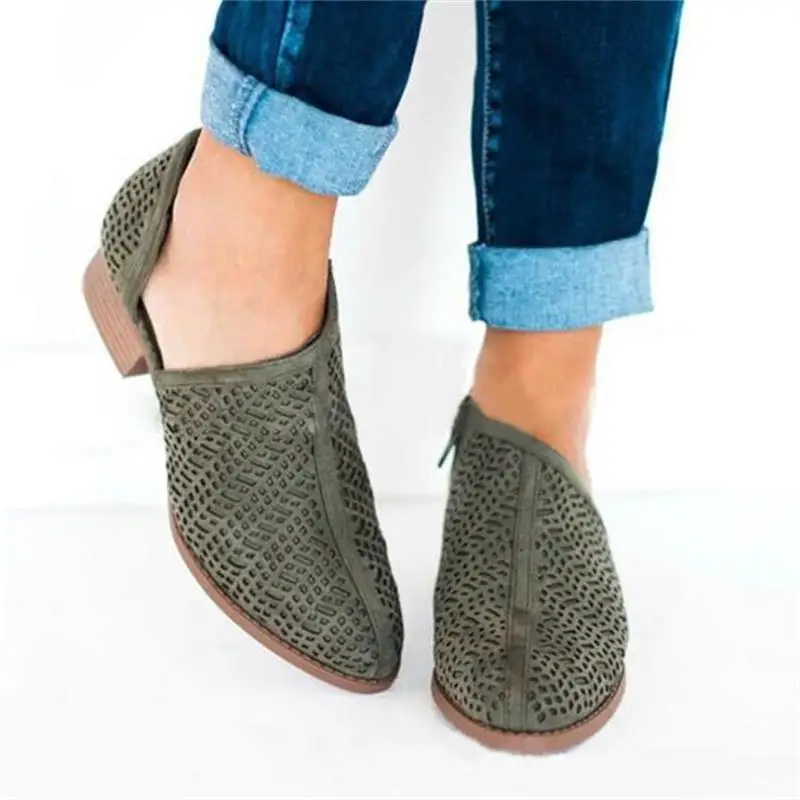 

ECN Women Anckle Boots Spring And Autumn Pointed Toe Low Heel Ladies Single Shoes Solid Openwork Breathable Female Sandals