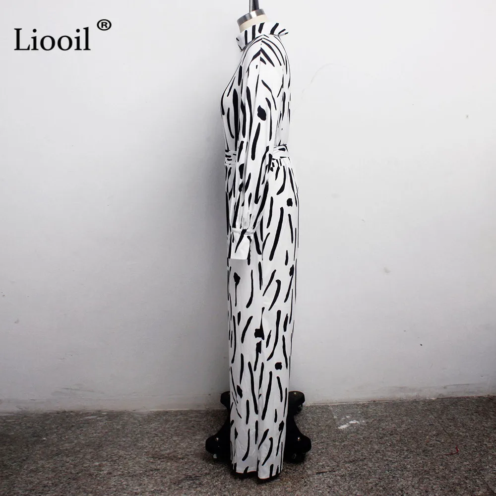 Liooil, белый сексуальный Свободный комбинезон с принтом, женская одежда, длинный рукав, о-образный вырез, карманы, клеш, комбинезон с поясом, женские Комбинезоны s
