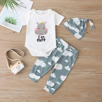 

2020 Baby Sets Baby Clothing Newborn Baby Girl Clothes Cartoon Animal Print Jumpsuit 3 Piece Set Short Romper+Pants+hat Outfit