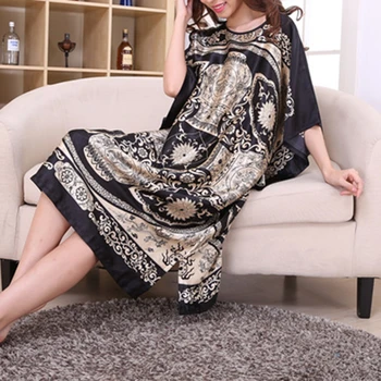 

Summer Women's Faux Silk Nigh Robe Black Lady Bath Gown Nightgown Bathrobe Sleepwear Mujer Pijama Flower