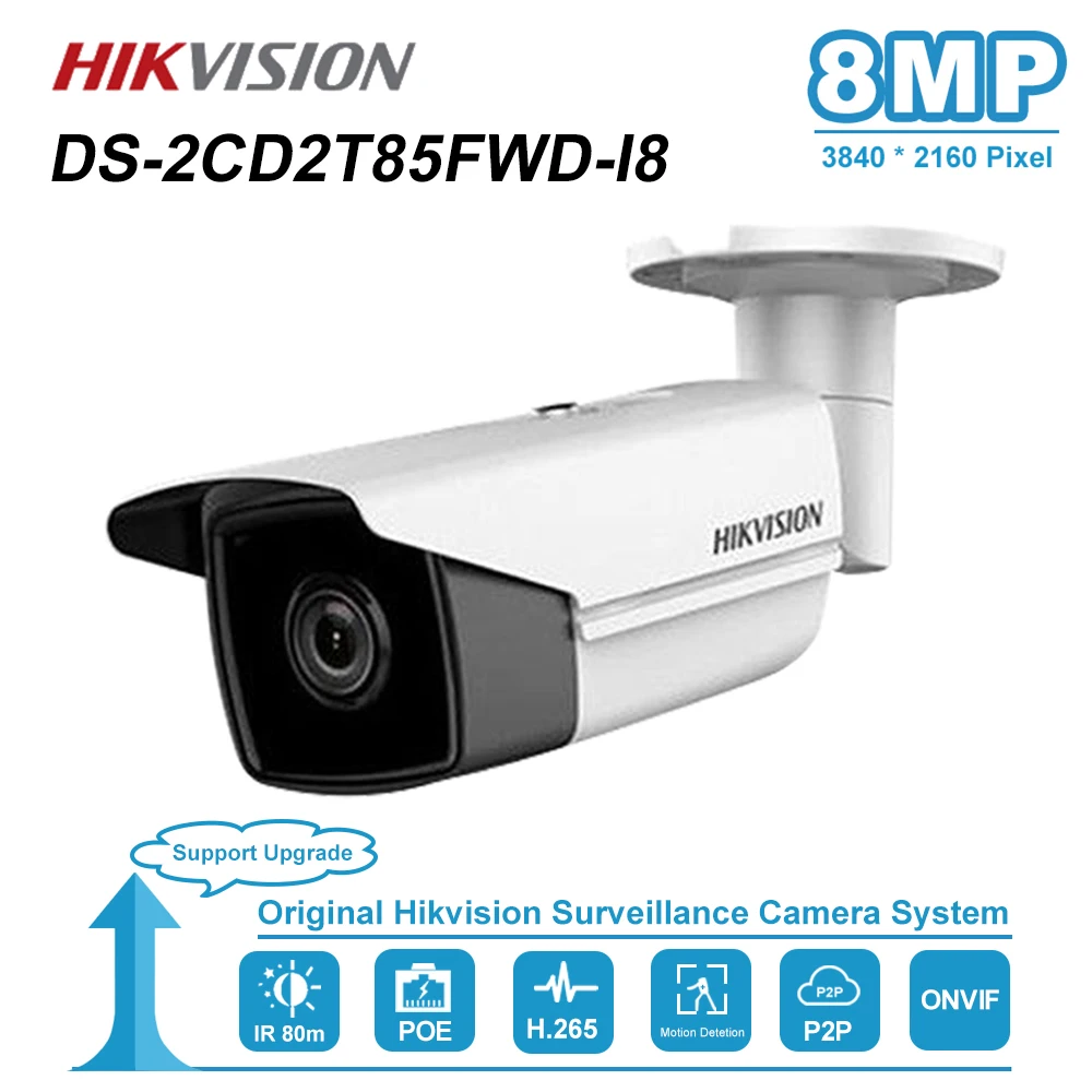 Hikvision 8MP(4 K) Пуля IP Камера PoE Открытый Ночное видение радиус действия ИК: 50/80 м CCTV камеры видеонаблюдения DS-2CD2T85FWD-I5/I8