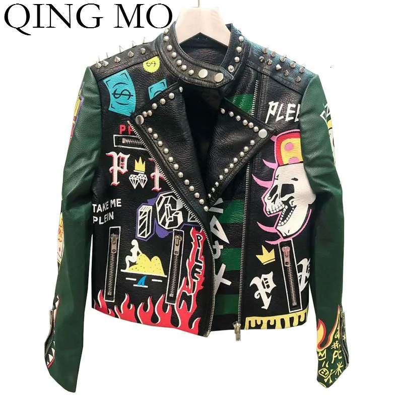 

QING MO Women Black Slim Jacket 2019 Women Pu Zippers Short Jacket Rivet Female Personality Printed Outwear Moto & Biker ZQY2504