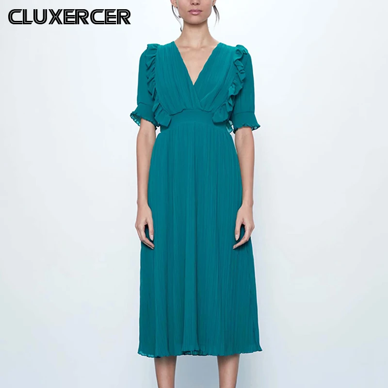 

Women Summer Midi Dress 2020 New Fashion V-neck Solid Short Sleeve Chiffon Dress Casual Long Green Dress Vestidos