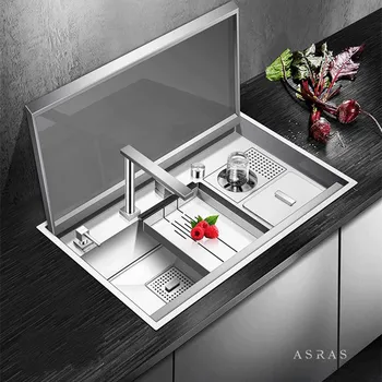 

ASRAS 8249G Handmade Kitchen Sink With Intelligent Flip Cover 304 Stainless Steel Hidden Sink With Lifting Faucet and Cup Rinser