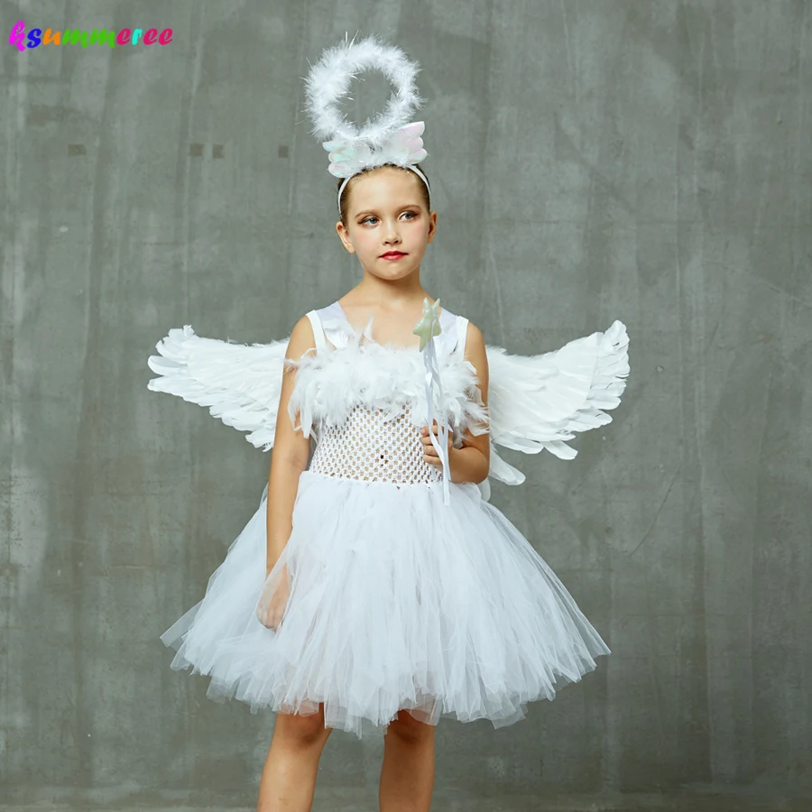 White Angel Girls Feather Tutu Dress 