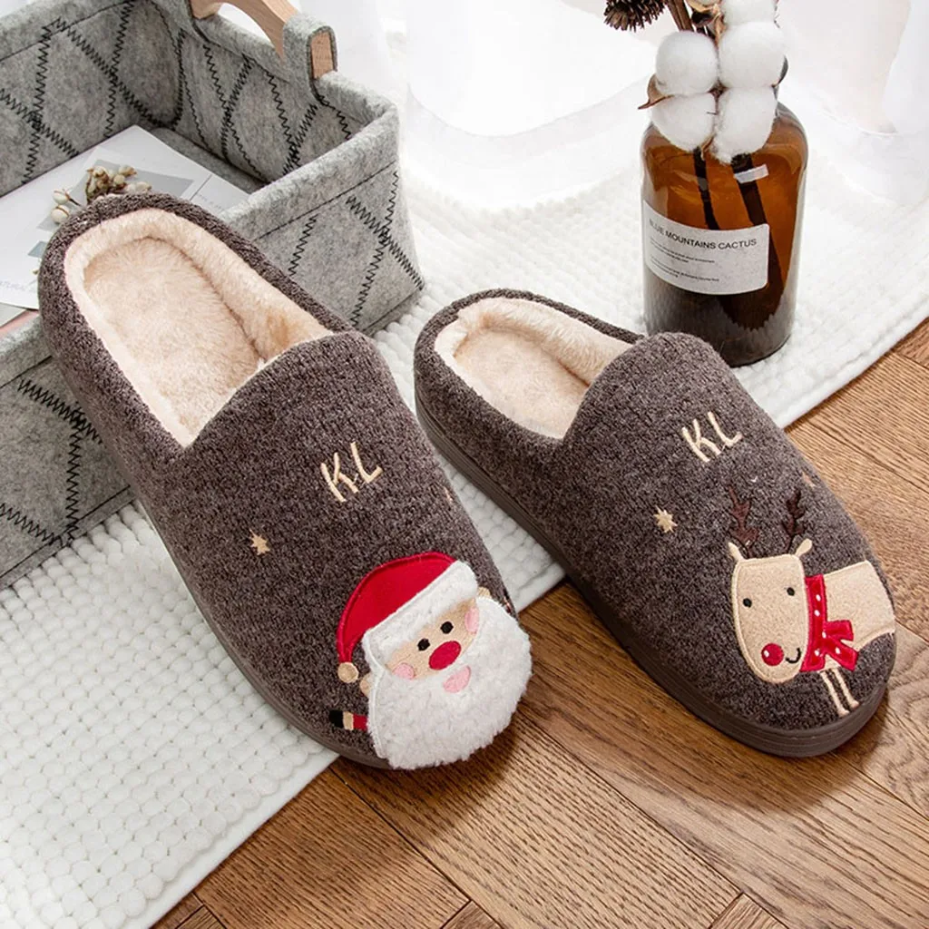 Зимние теплые мужские хлопковые домашние тапочки из флока и плюша на платформе в рождественском стиле; Милая обувь с Санта-Клаусом и оленем; домашние тапочки; большие размеры - Color: brown-US size